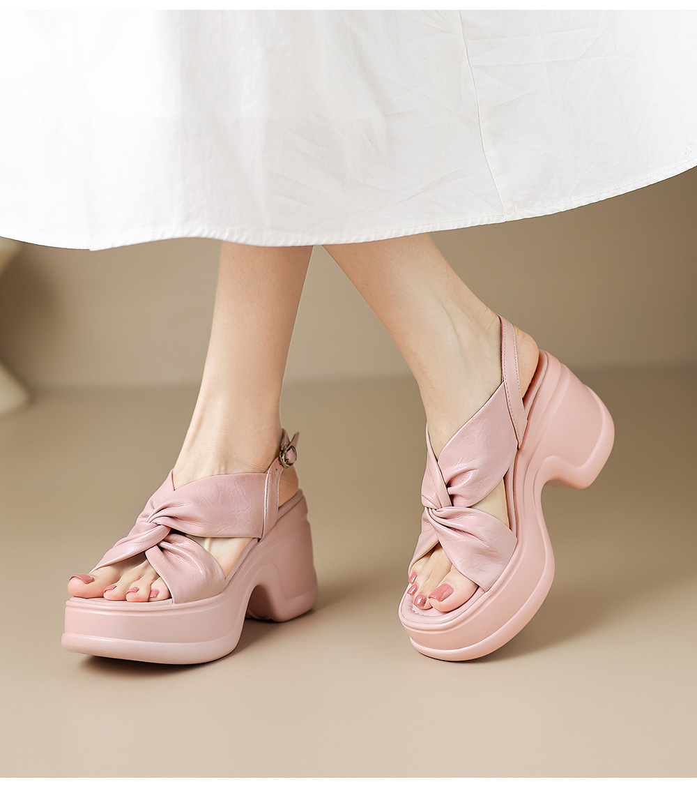 Sandal nữ đế xuồng cao gót quai chéo hở mũi phong cách La Mã — Hồng nhạt, màu trắng ngà chi tiết 11