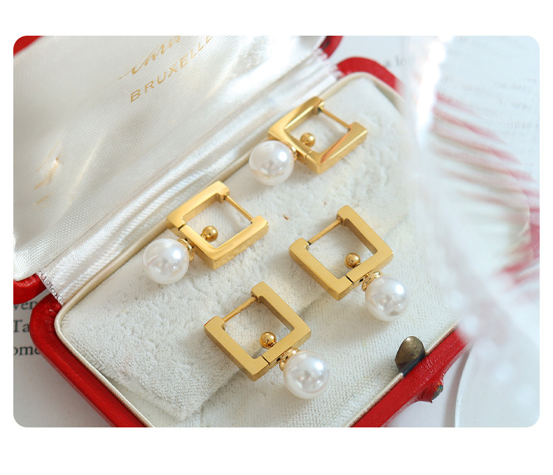 French Style Square Inlay 304 Stainless Steel Artificial Pearls 18K Gold Plated PVD Coated Drop Earrings display picture 3