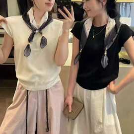 高级感配丝巾短袖针织衫女夏季薄款2026新款气质减龄显瘦T恤上衣