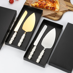 Amazon Light Luxury Stainless Steel Pearl Ceramic Handle Cake Knife and Spatula Set Pizza Spatula Dessert Fork Wedding