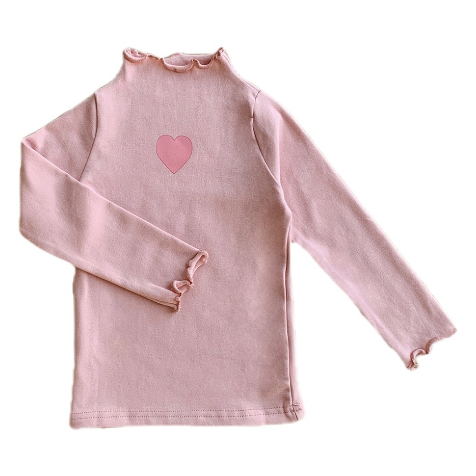 Primavera y otoño ropa para niños nuevo bebé medio cuello alto camisa de fondo simple color sólido camiseta para niños manga larga amor encaje superior