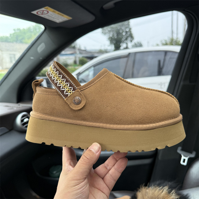 New Thick-Soled Woven Slippers for Women, Snow Boots, Genuine Leather and Velvet, Warm Outdoor Cotton Boots, Thickeneded Casual Back Straps with Toe Caps