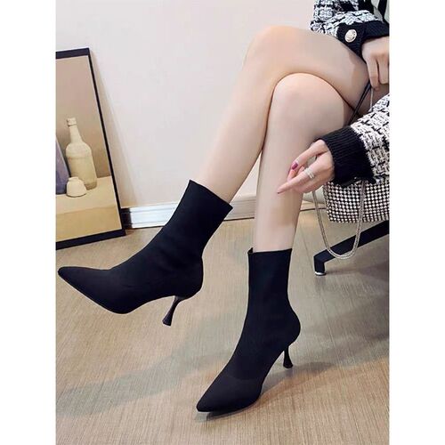 Thin black elastic socks boots, internet famous, slimming and thinning boots, mid-calf versatile high heels, pointed short boots for women, autumn and winter lined