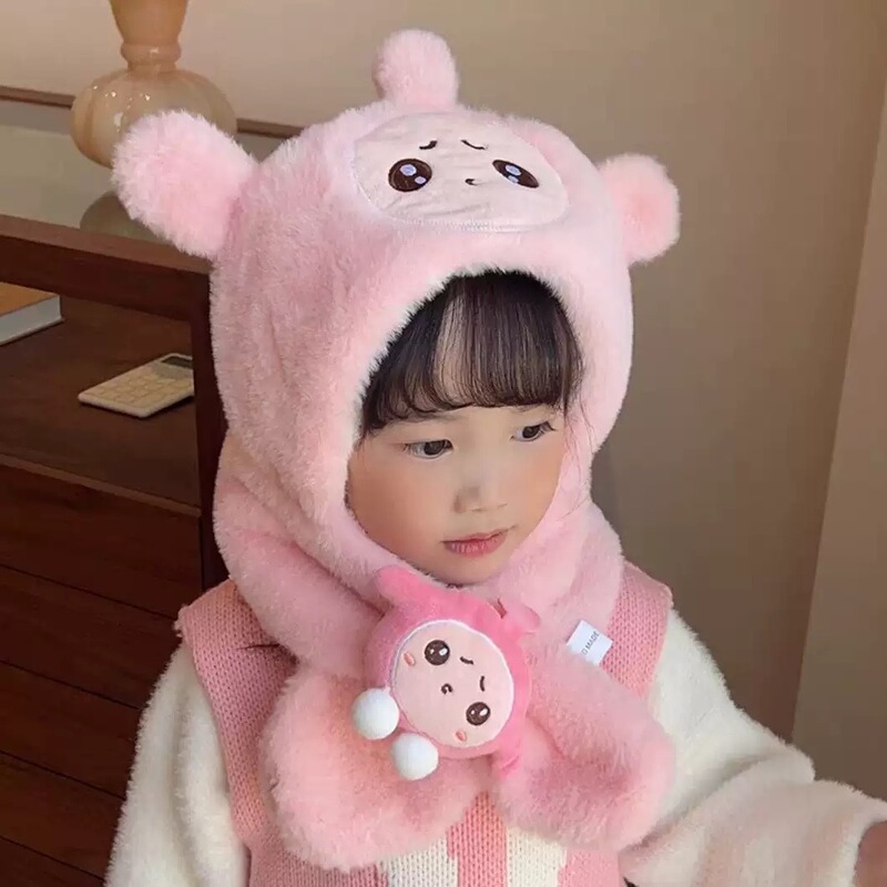 儿童帽子围巾一体秋冬天毛绒帽可爱男孩保暖帽女童蛋仔防风帽批发|undefined