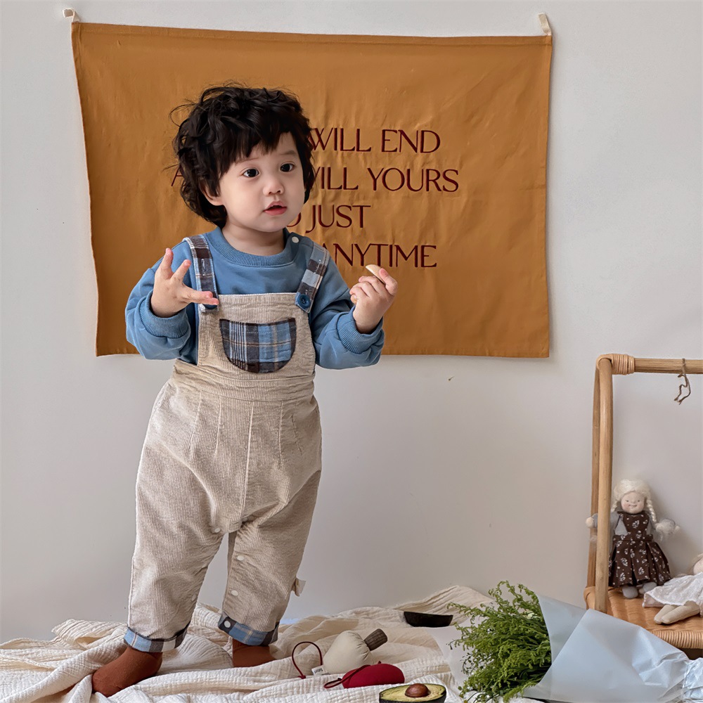 Ropa para niños coreanos 1-3 años, ropa para niños de otoño, traje de bebé, babero de pana, suéter de dos piezas