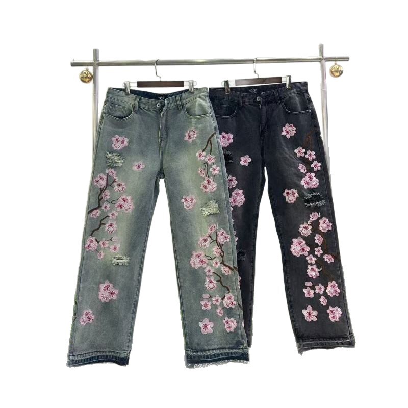 桜刺繍入りデニムパンツ！リッピングデザイン、ファッショナブルでカジュアル、スリムでストリートスタイル-WL617|undefined
