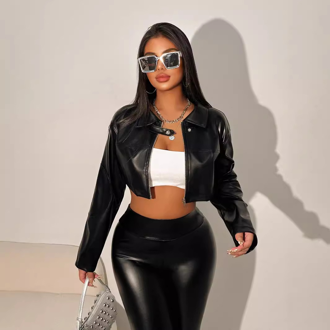 European and American Style 2024 Autum Aliexpress Women's Clothing Sexy Navel-Baring Hottie Motorcycle Clothing Single-Breasted Jacket