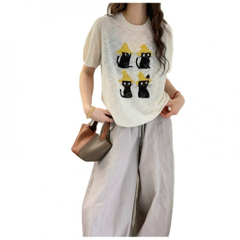 2025 新猫刺繍ラウンドネック半袖 Tシャツ女性の夏のアイスシルクスリムニットカジュアルルーズトップ|undefined