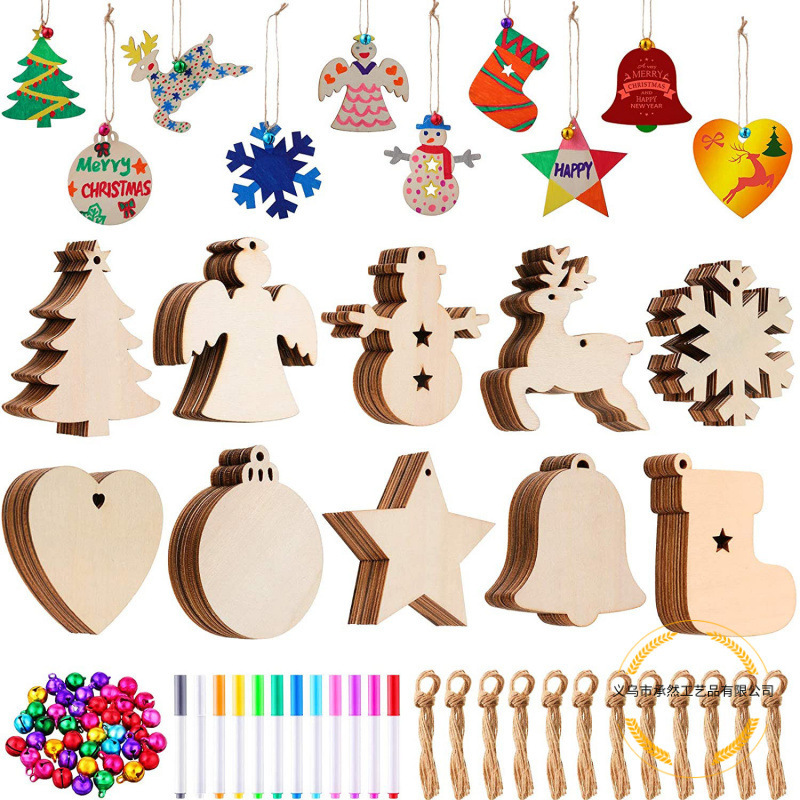 木製クリスマスオーナメント 無地落書き絵画テンプレート DIY クリスマスツリーハンギングデコレーションセット|undefined