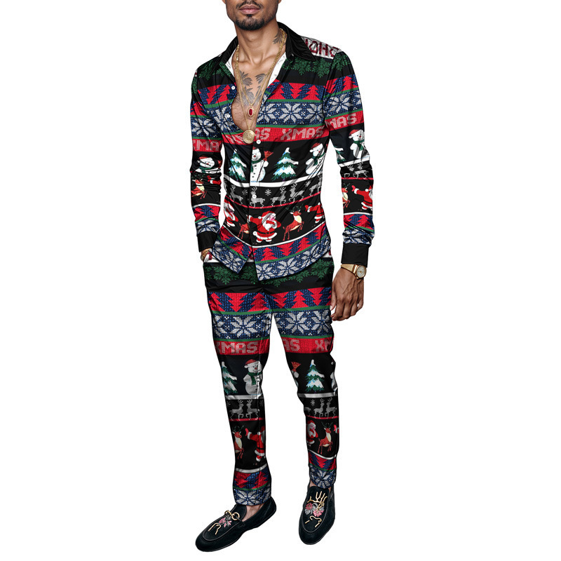 European and American Export 2025 New Men's Casual Trendy Fashion Christmas 3D Printed Shirt Long-Sleeved Pants Suit