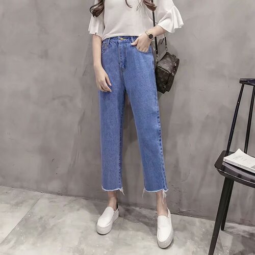 Autumn/Winter Korean Version High-Waisted Slim Straight Leg Jeans for Women Loose Fringe Nine-Legged Wide Leg Outerwear Pants