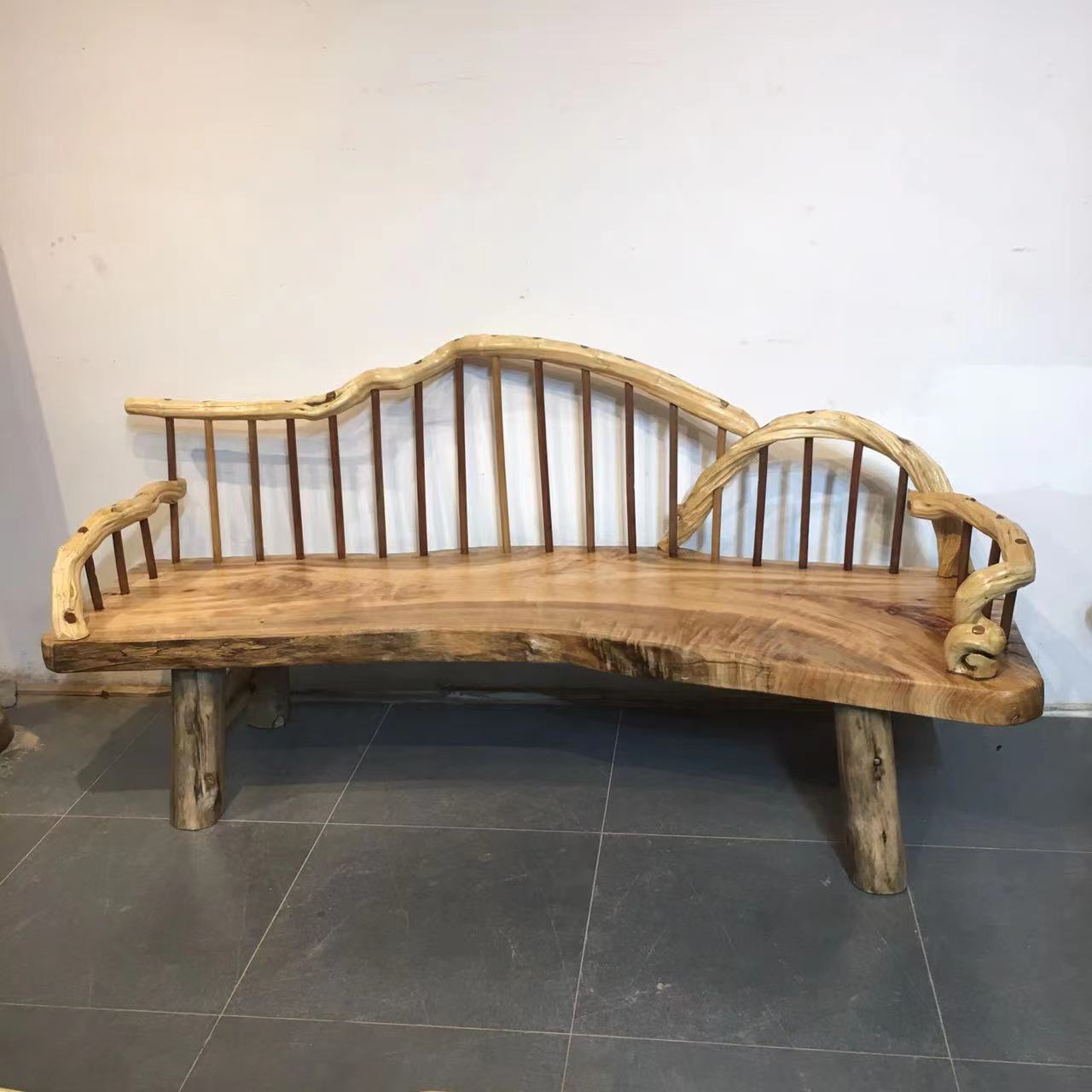 原生态实木三人沙发香樟木长椅藤条靠背独板异形客厅田园休闲躺椅|ms