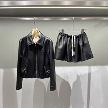 2025老谬南油女装短款進口皮衣外套短裙套装长袖休闲翻领早秋新款