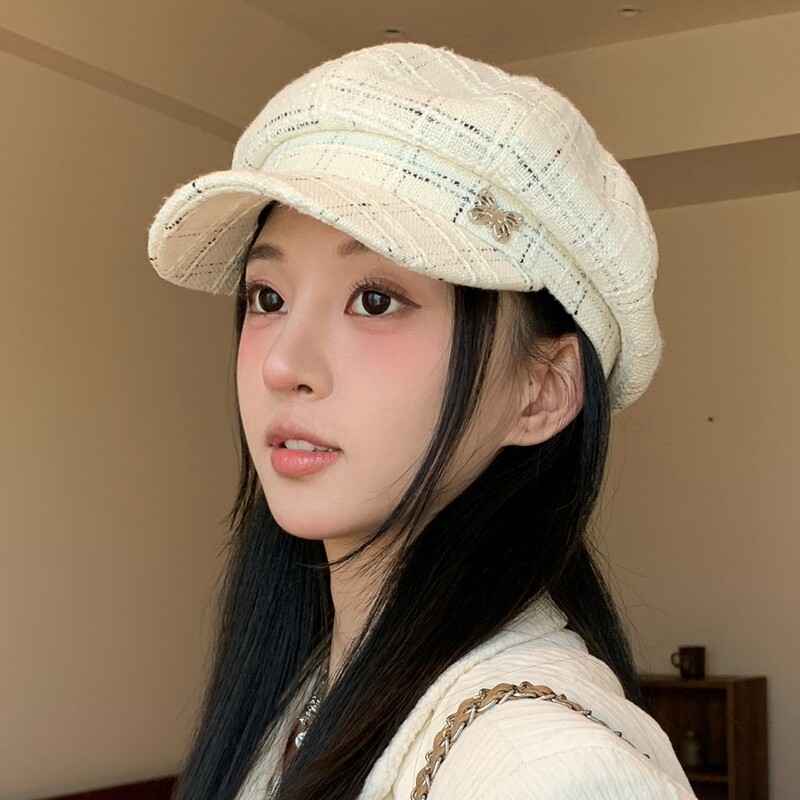 小香风蝴蝶八角帽子女秋冬季日常百搭鸭舌贝雷帽韩系格纹画家帽潮|undefined