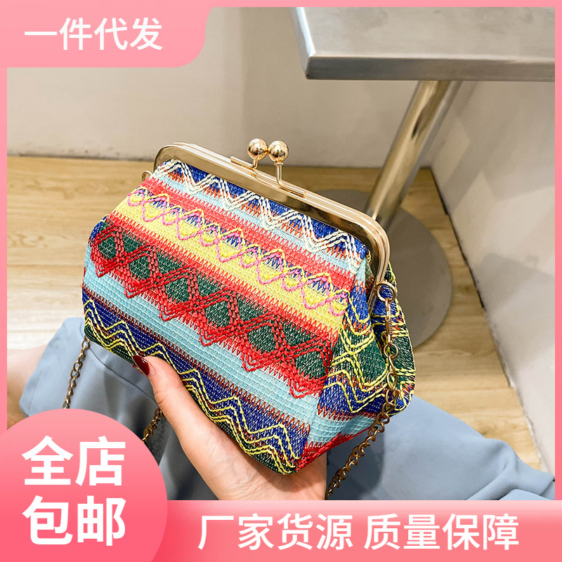 2023 Autumn New Woven Bag Mini Shell Clip Bag Ethnic Style S..