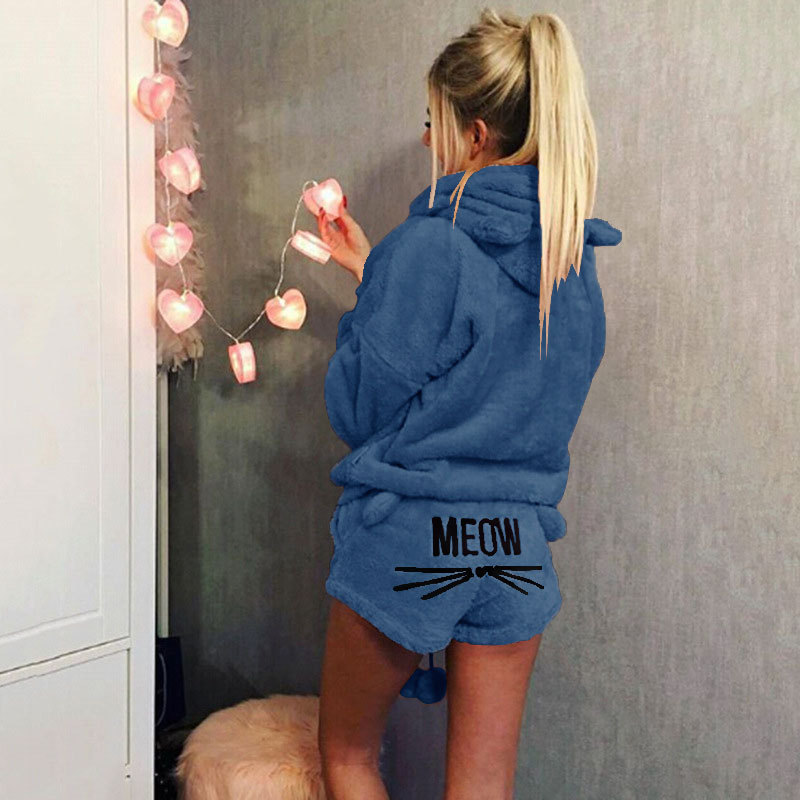 Autumn 2018 European and American Women's Cat Embroidered Pajamas Hooded Casual Set Two-piece Set