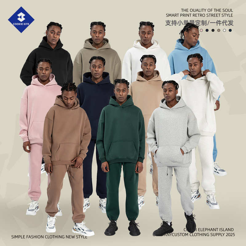 2026 Autumn and Winter Cross-Border American-Style Loose Fleece-Lined Hooded Sweatshirt Men's Oversize Street Fashion Men's Sweatshirt and Pants Set