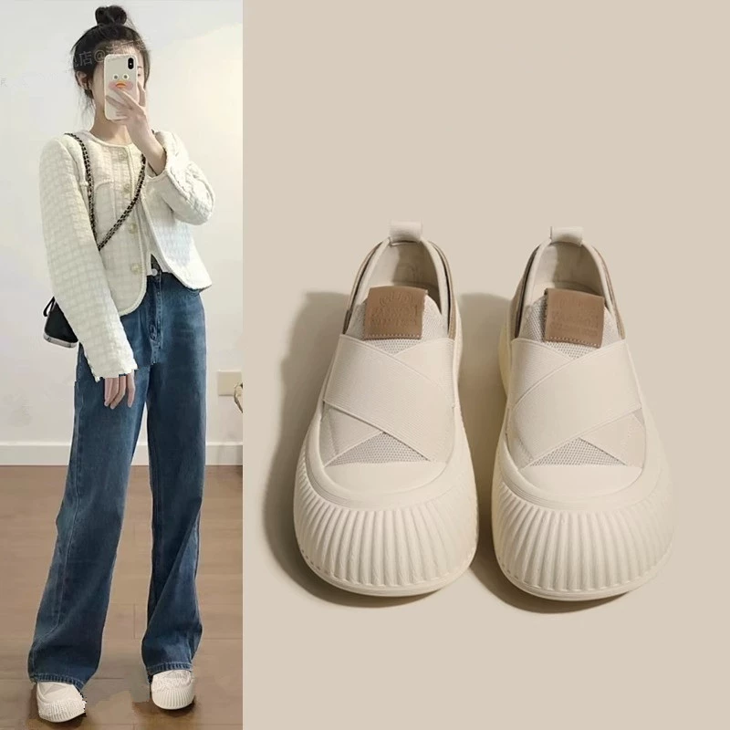 Белые женские туфли, новинка 2024, осенние дышащие парусиновые туфли с печеньем, женская обувь на одной ноге на толстой подошве, универсальные кроссовки