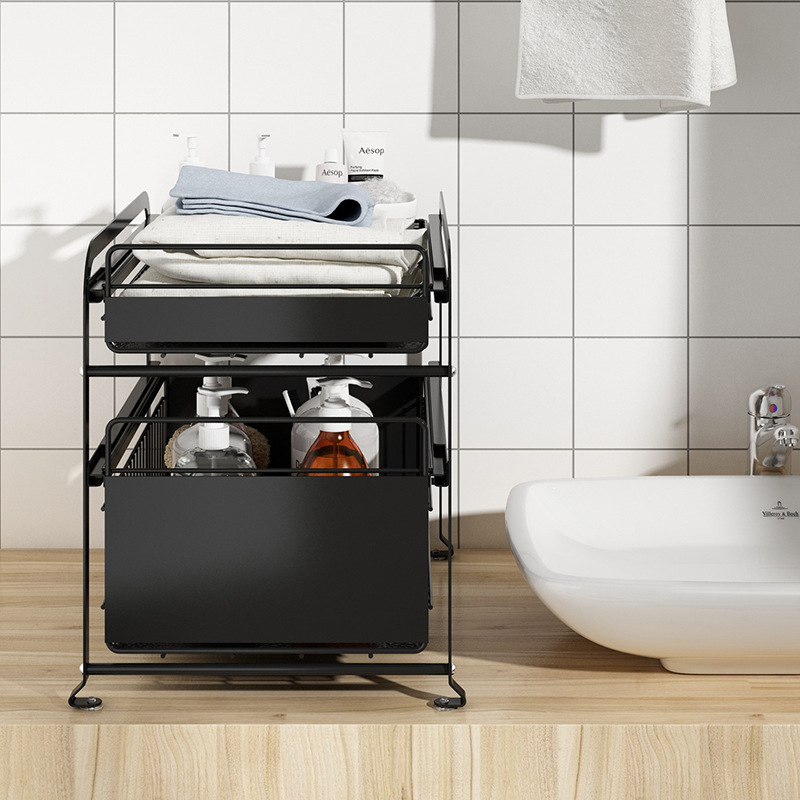 VHM7批發雙層廚房抽拉式置物架衛生間下水槽收納可伸縮浴室櫥櫃內