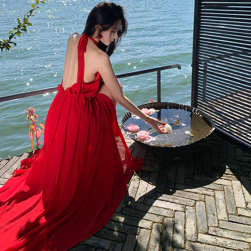 Bohemian Long Dress for Photoshoot, Desert Red Backless Dress, Summer Chiffon Solid Color