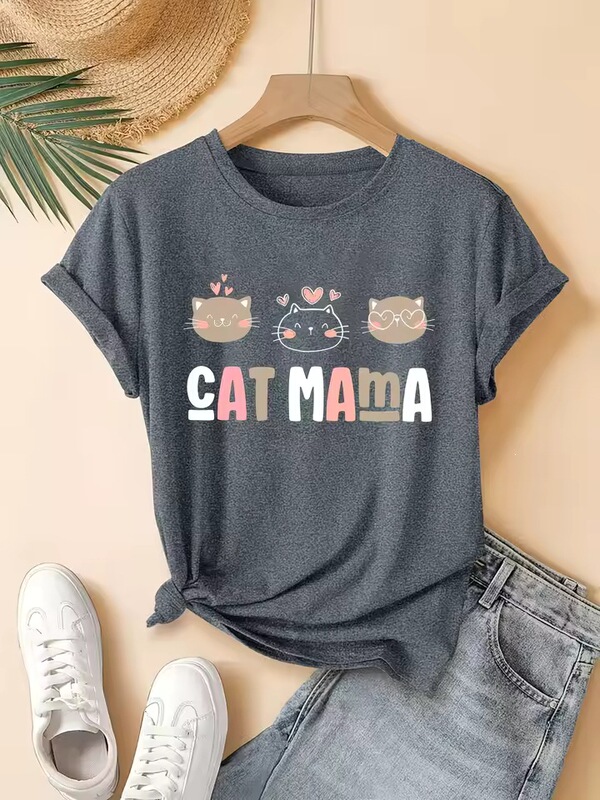 Women's Short-Sleeve T-Shirt with Cat Mom and Three Cats Print, Breathable Fabric Summer Wear for Women Women's Short-Sleeve T-Shirt with Cat Mom and Three Cats Print, Breathable Fabric Summer Wear for Women