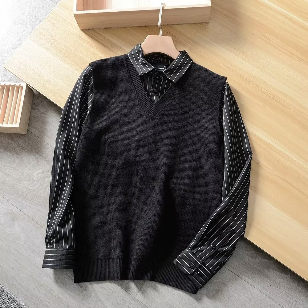 Fake Two-Piece Striped Shirt for Men, Long-Sleeved Spring & Fall Loose Inner Sweater, Japanese Style Trendyy Splicing Handsome Knitwear