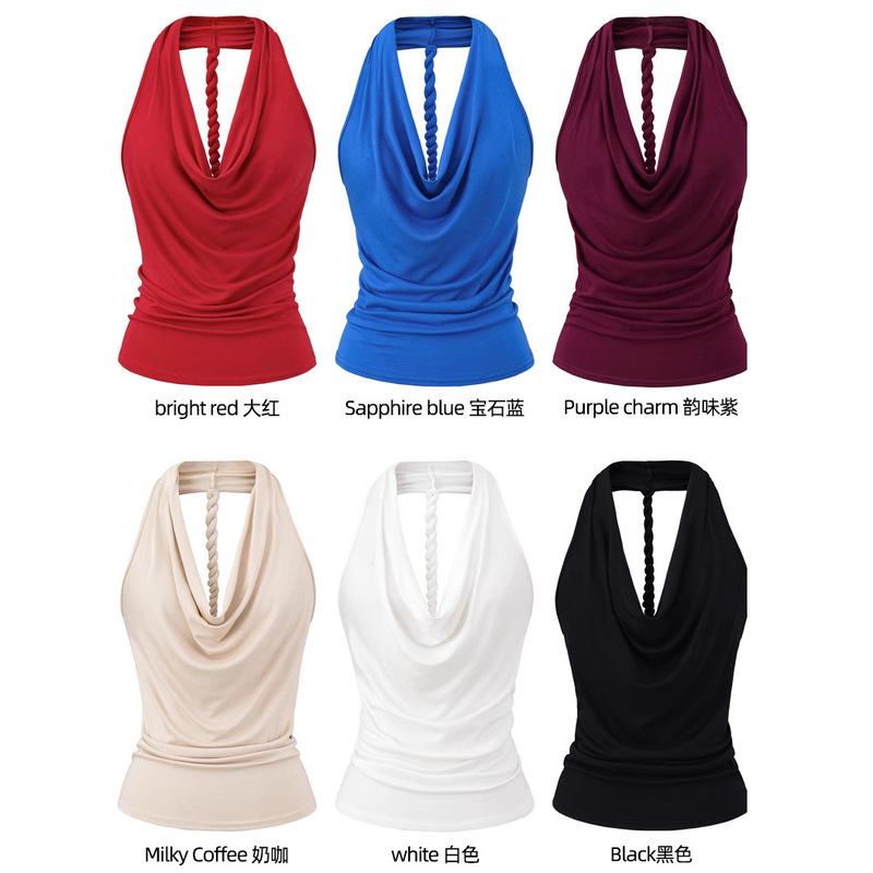 Elegant Sister's Swing Collar Halter Top for Women, Summer Design Niche Vest, Off-Shoulder Ruched Sleeveless T-Shirt, 6 Colors Wholesale