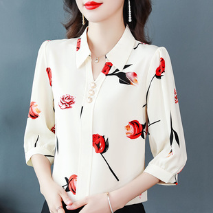 High-End Silk Shirt for Women, New Summer Style, Three-Quarter Sleeve Shirt, Chic, Age-Reducing, Versatile Mother's Printed Top