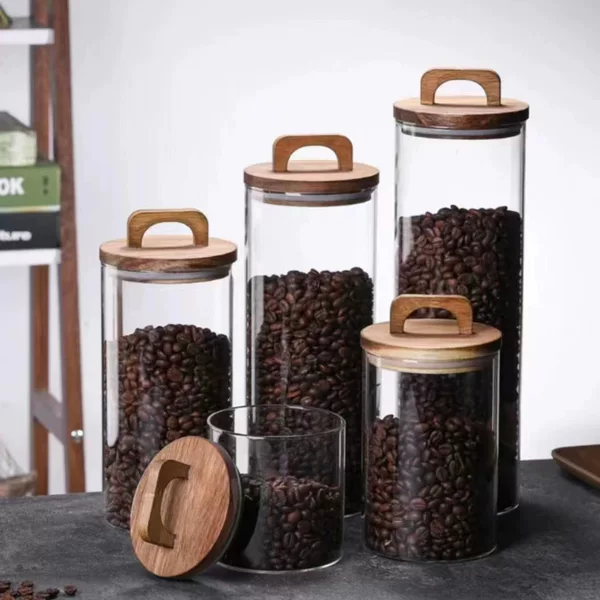 Factory wholesale handle wooden lid glass sealed jar snacks storage coffee beans storage box tea display sealed jar