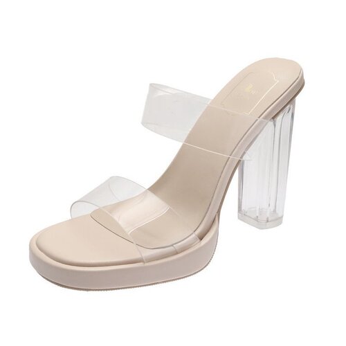 Women's High Heel Slippers 2024 Summer New Arrival One Strap Outerwear Fashion Thick Heel Transparent Slippers