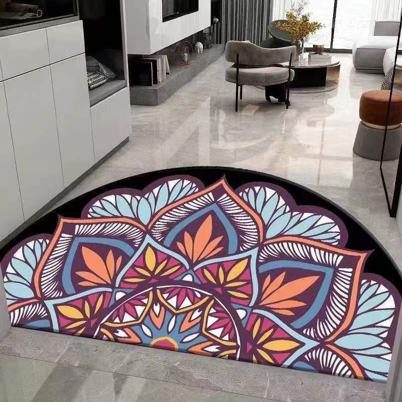 Alfombra de entrada, alfombra de terciopelo cristalino, alfombra semicircular de estilo bohemio absorbente de agua y resistente al desgaste, alfombra para la entrada del hogar.