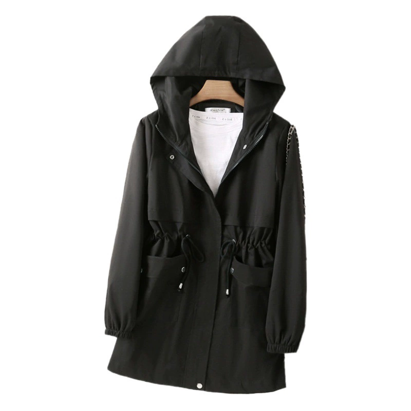 Женский демисезонный плащ средней длины 2025: новая коллекция, тонкий, свободный, универсальный, повседневный, однотонный, с капюшоном, в корейском стиле, трендовый