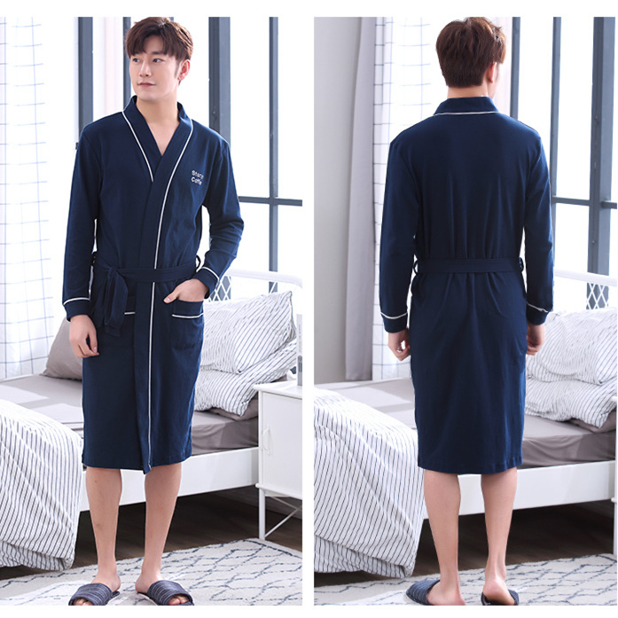 Primavera y otoño pareja camisón de manga larga 100% algodón puro simple color sólido chica cómoda suelta de los hombres de mediana longitud Pijamas