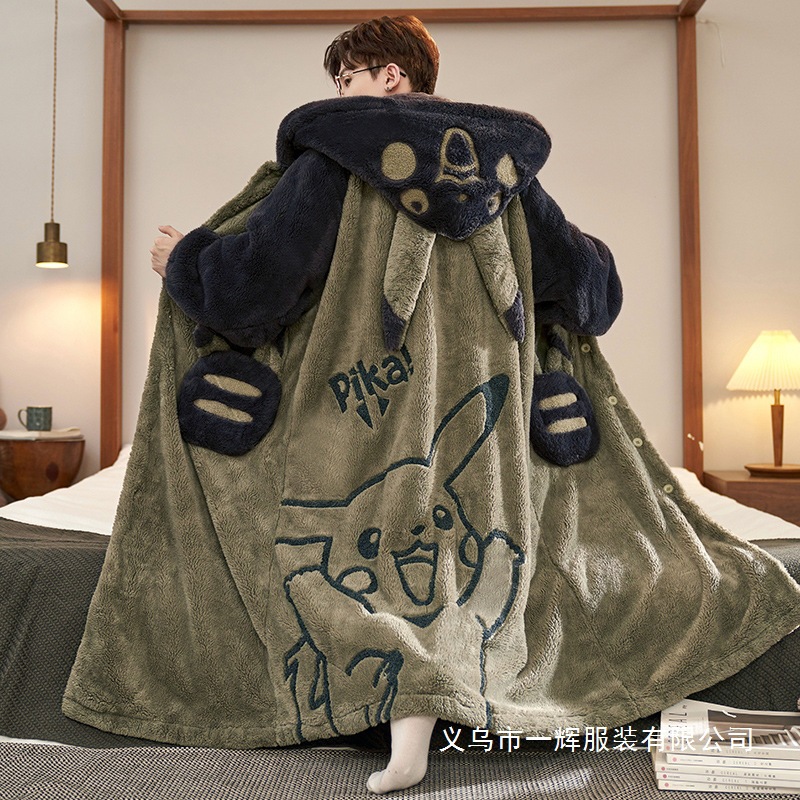 Coral Velvet Men's Nightgown Autumn and Winter Thickened Velvet Pajamas Plus Size Plus Fat Long Bathrobe Pikachu Home Wholesale