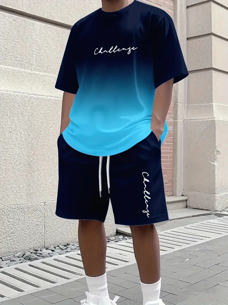 Men's Summer Gradient Letter 3D Digital Print T-Shirt And Shorts Set Trendy Casual Basic Comfortable Two-Piece Outfit_viptrois.com