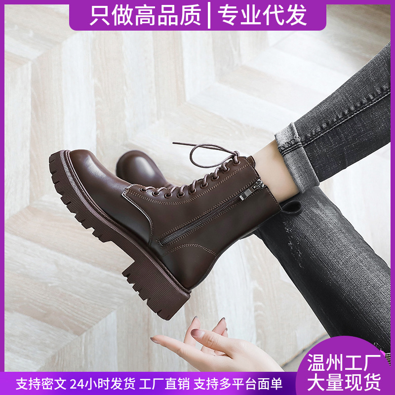 Boots Women's British Style 2025 New Chelsea Autumn and Winter Fleece-Lined Brown Thick-Soled Popular Short Boots Motorcycle Boots