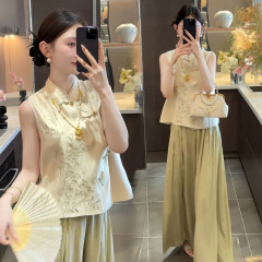 新しい中国風の女性のための中国風スーツ 2025 夏ライト高級気質スタンドカラーボタンベストトップカジュアルパンツ 2 点セット