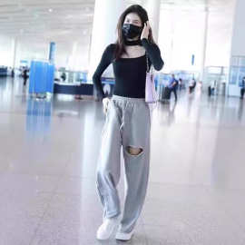 BM风 何穗同款破洞高腰显瘦长裤女bm阔腿卫裤休闲直筒运动裤