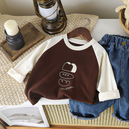 Le Chang Jia 2025 Spring Collection Boys' Letter-Sleeve Long-Sleeve Top and Girls' Cartoon Children's Round-Neck Long-Sleeve Top