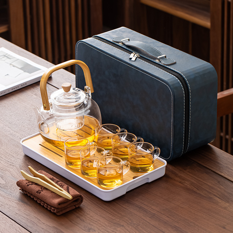 Fire Tea Boiling Travel Tea Set suit Outdoor Portable Case Glass Teapot Teacup Kung Fu Tea Set Available Card Stove