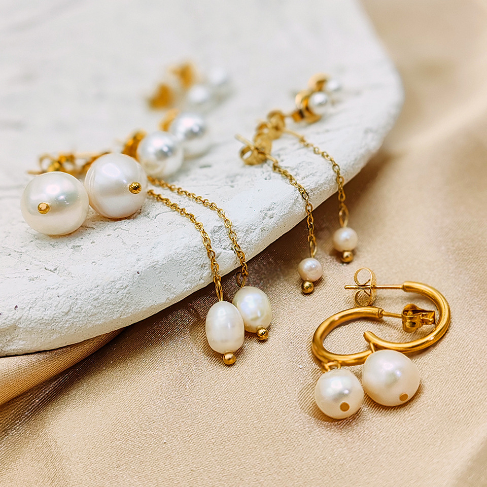 1 Pair Quantity Holiday, Daily Occasion 1 Pair 14K Gold Plated Freshwater Pearl Titanium Steel Pearl Geometric Drop Earrings Ear Studs