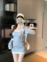复古撞色针织套装女秋季2025新款长袖开衫打底连衣裙时尚两件套潮