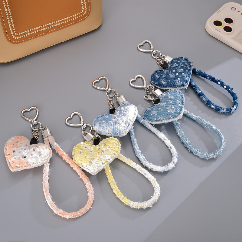 Fashionable and High-End Ripped Denim Wrist Strap Phone Holder Niche Ins Heart Buckle Decorative Bag Accessory