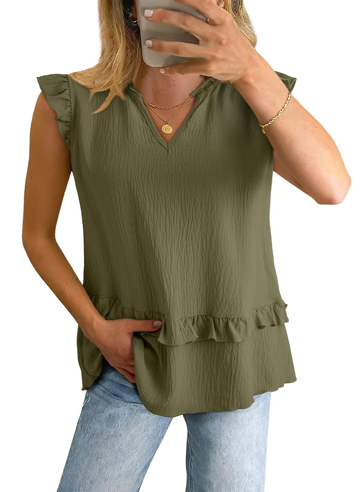 Women's Sleeveless V-Neck Blouse With Ruffle Trim, Flowy Relaxed Fit Casual Shirt For Summer ​Versatile And Easy To Wear_ecoleips.com