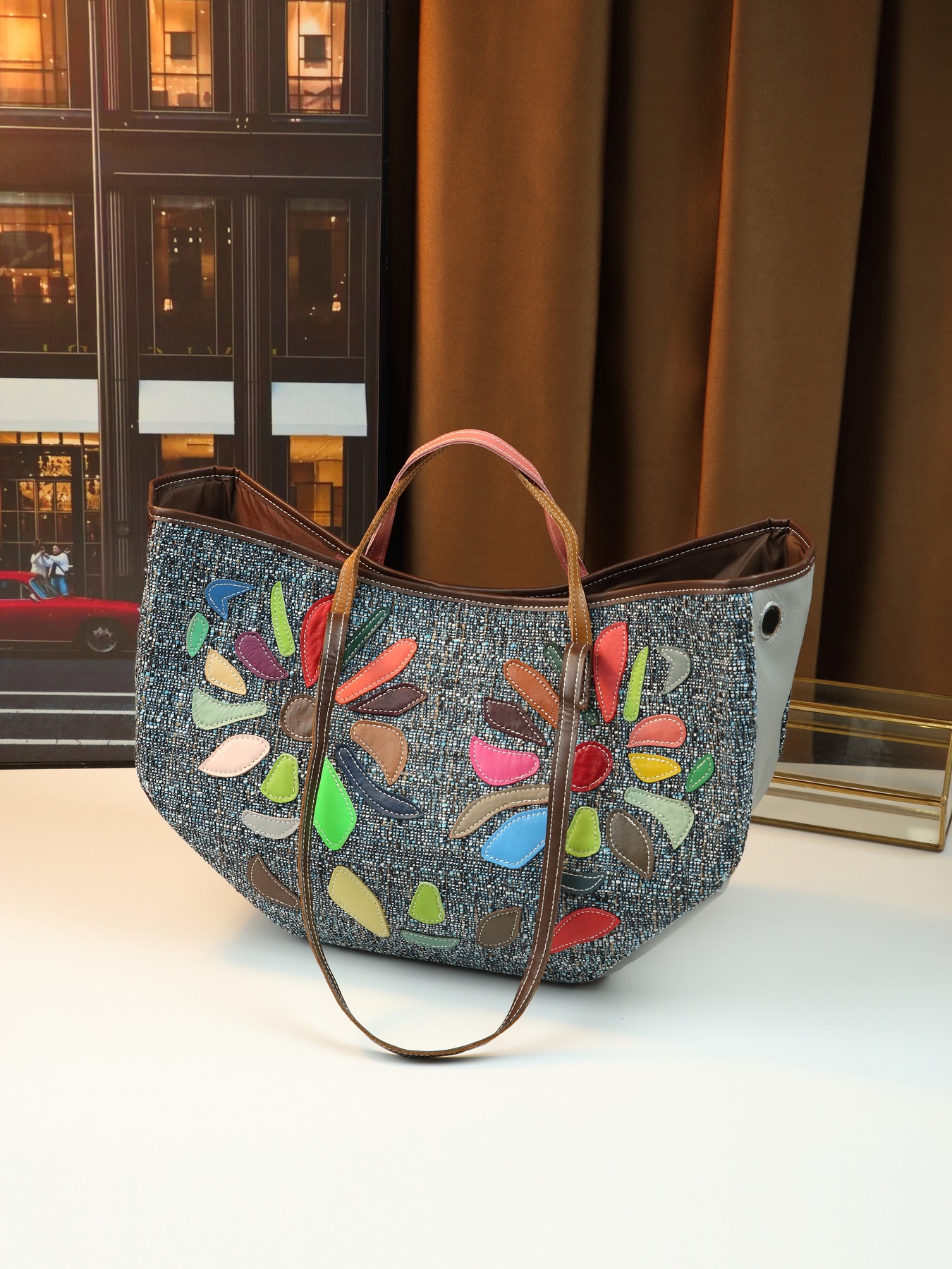 Women Genuine Leather Shoulder Bag Patchwork Irregular Graphic_voghion.com
