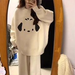 日系复古软糯慵懒风卡通潮牌杏色圆领套头毛衣女秋冬新款宽松上衣