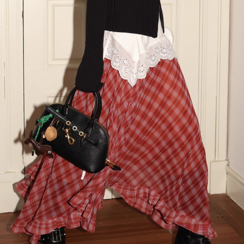 Spring and Summer Retro Two-Color Plaid Mid-Waist Irregular Ear Skirt Large Hem Mid-Length Chiffon Skirt