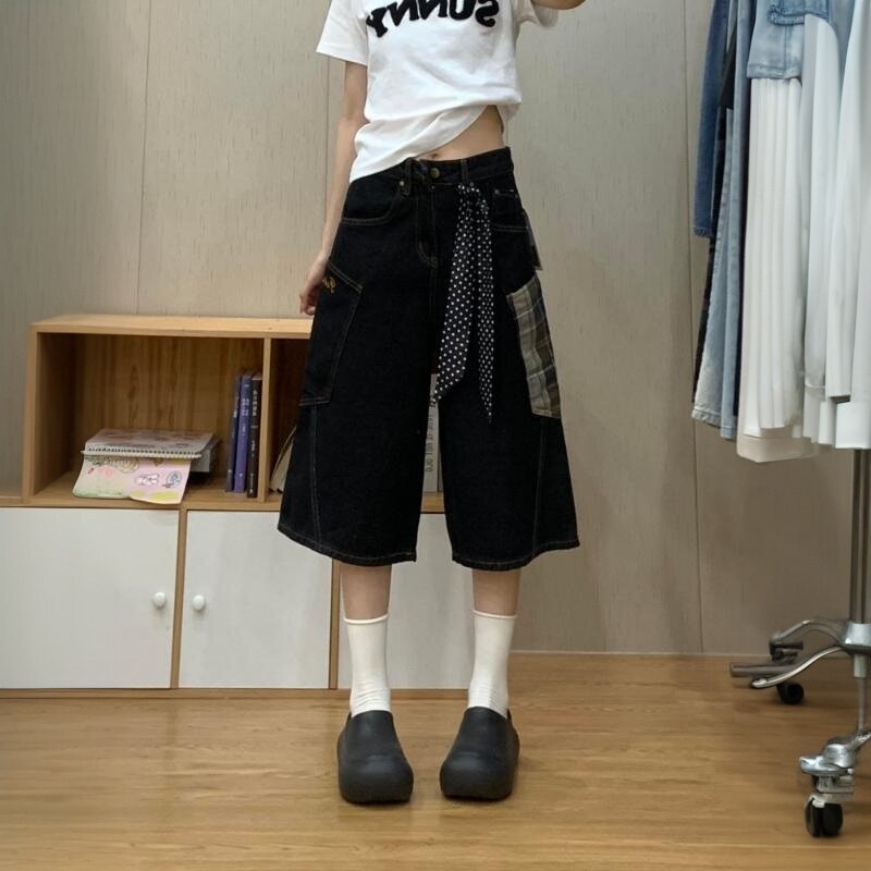 American-Style Plaid Denim Cropped Pants for Women, Summer New High-Waisted Wide-Leg Straight Slim-Fit Casual Shorts for Petite Figures