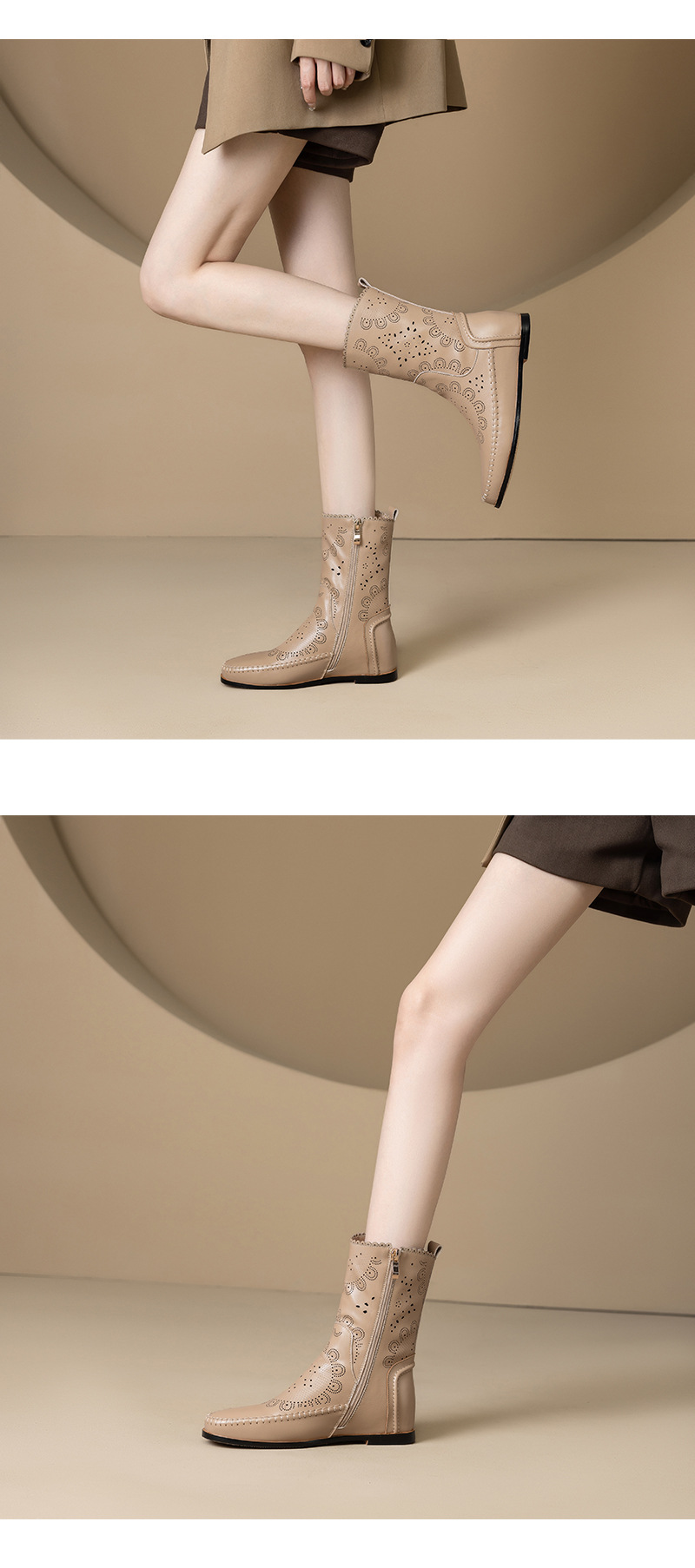 Boot nữ cổ thấp da bò đục lỗ đế xuồng đốt hoa — Màu be [lót một lớp] chi tiết 9