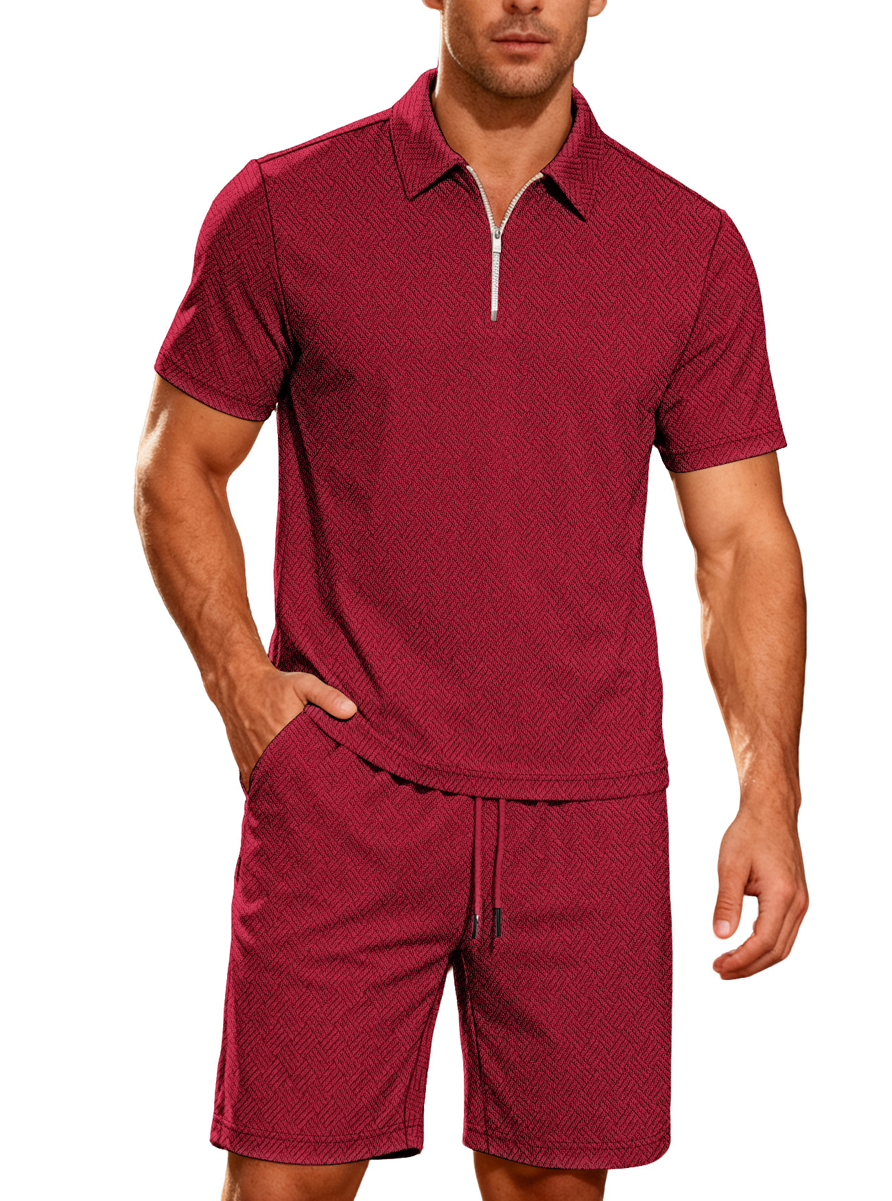Trajes de hombre transfronterizos de verano para hombres nuevos trajes casuales de comercio exterior de manga corta con cremallera de moda de color sólido